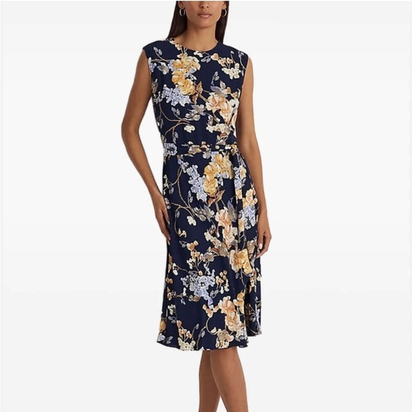Lauren Ralph Lauren Women’s 14 Navy Floral Midi Dress Belted Sleeveless - Picture 8 of 8